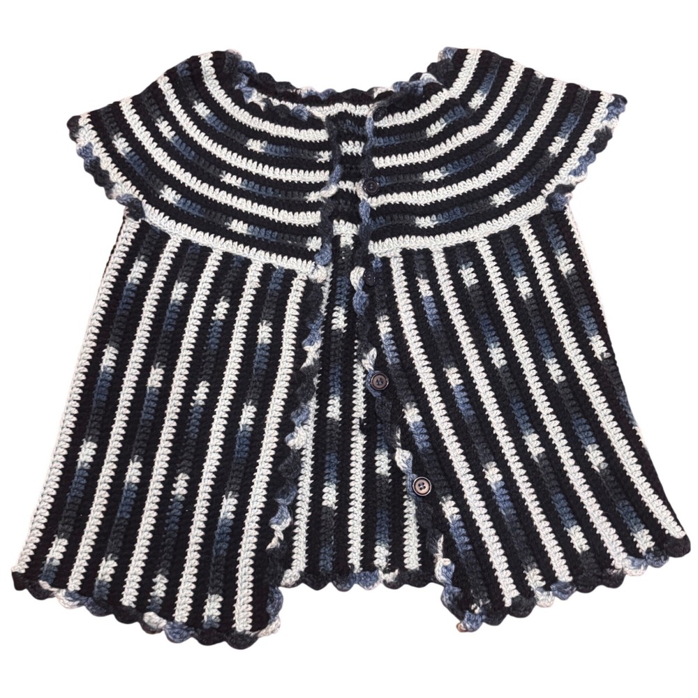 Vintage Handmade Crochet Short Sleeve Cardigan‎ Blue Striped Boho Btn Up Sweater